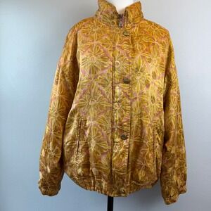 VTG Mureli Silk Bomber Jacket Medium Yellow Orange Floral Print Full Zip Retro
